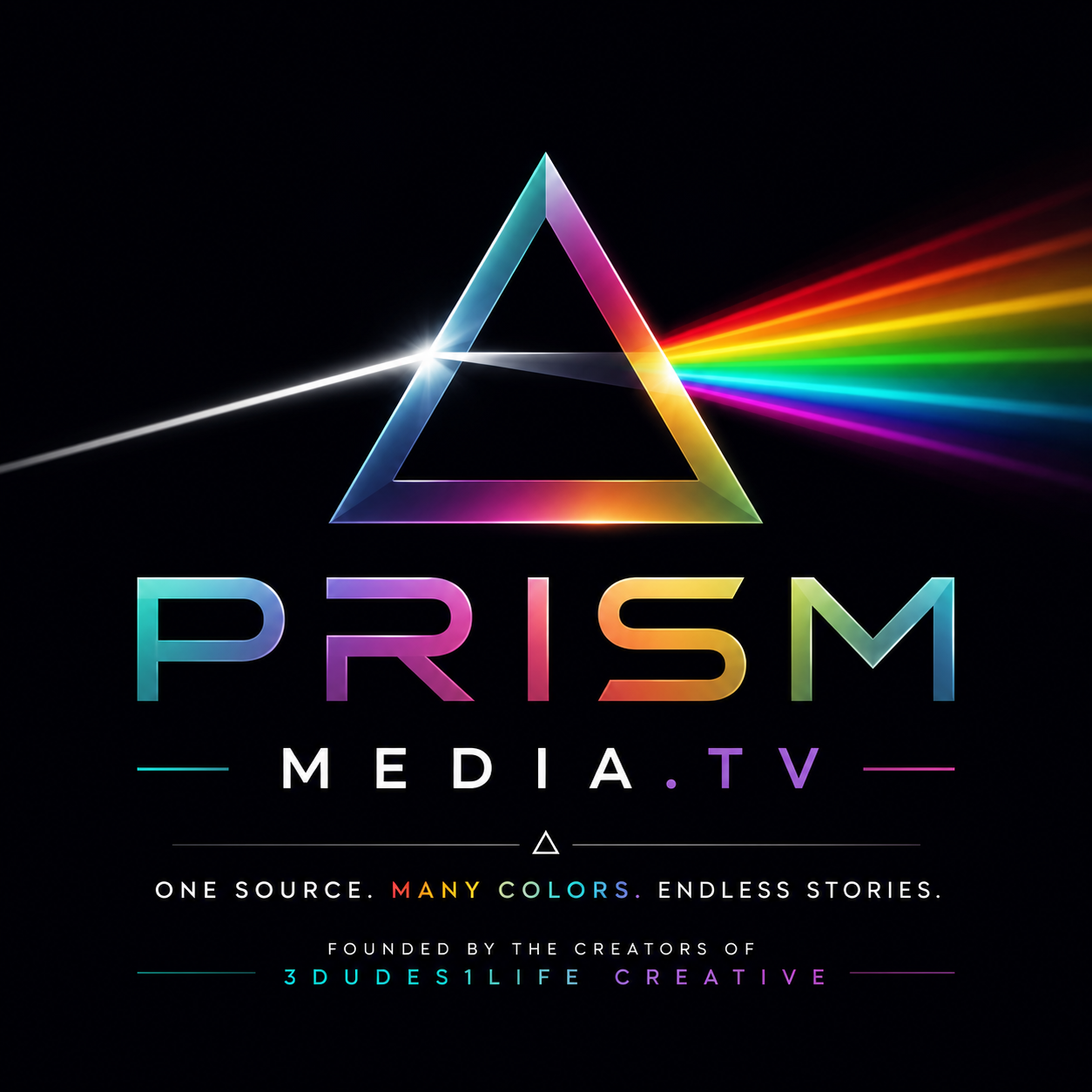 PrismMedia.TV logo with a triangular prism and rainbow light